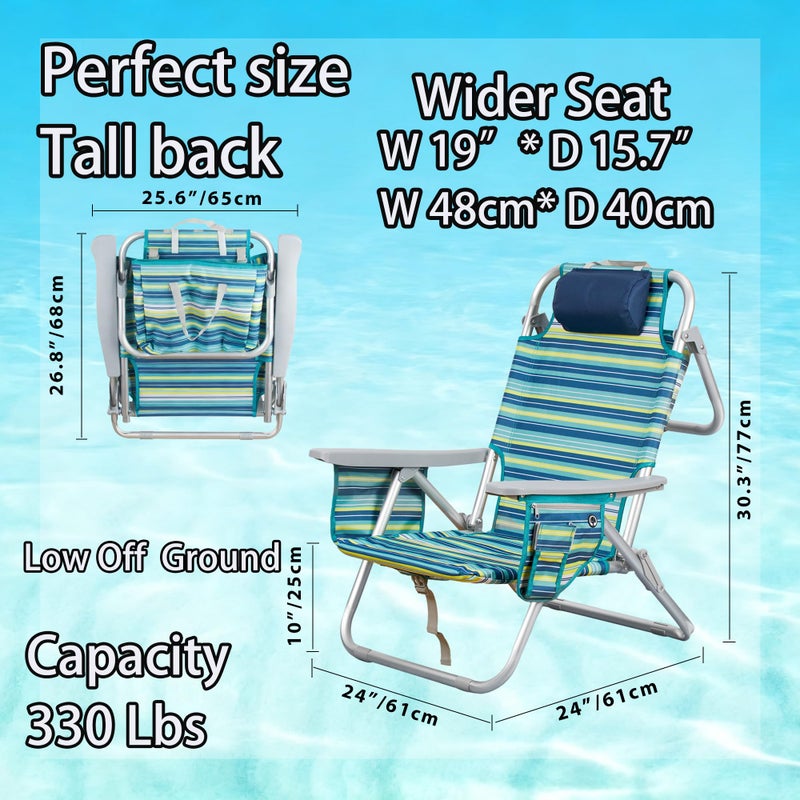 ALPOME Aluminum Backpack Low Profile Beach Chair - 5-Position Lay Flat Reclining Folding Chair with Removable Cooler Bag - Heavy Duty 330 lbs Capacity, Lightweight Portable Sand Seat - Striped Green - Image 2