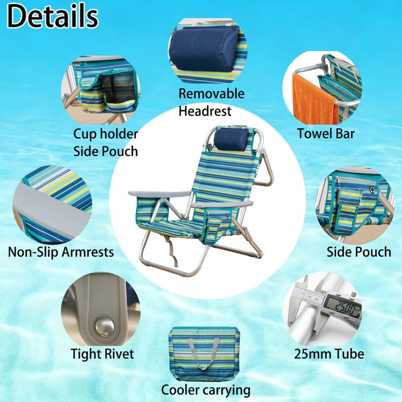 ALPOME Aluminum Backpack Low Profile Beach Chair - 5-Position Lay Flat Reclining Folding Chair with Removable Cooler Bag - Heavy Duty 330 lbs Capacity, Lightweight Portable Sand Seat - Striped Green - Image 4