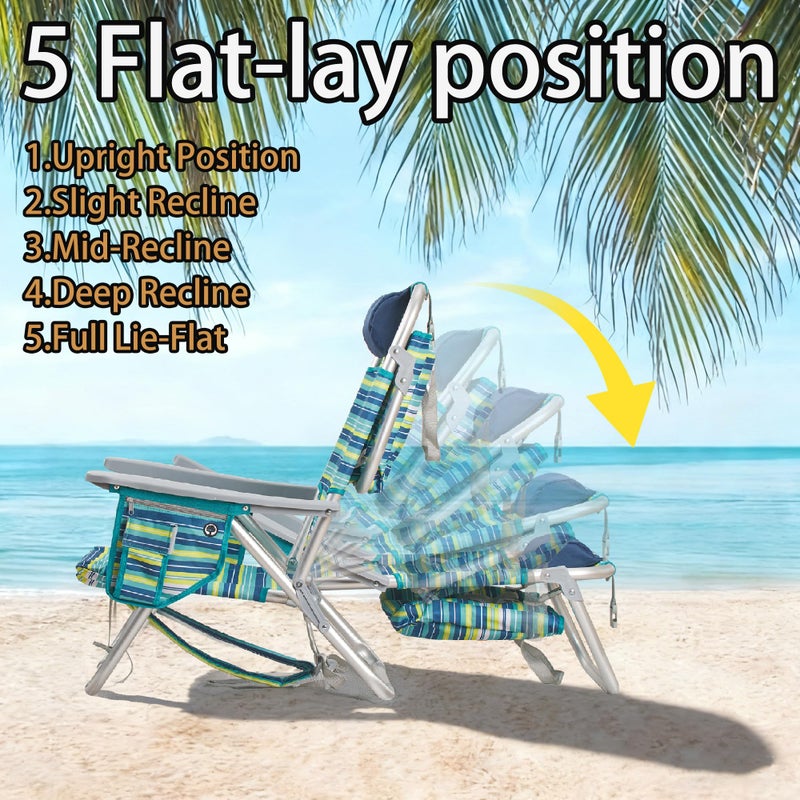 ALPOME Aluminum Backpack Low Profile Beach Chair - 5-Position Lay Flat Reclining Folding Chair with Removable Cooler Bag - Heavy Duty 330 lbs Capacity, Lightweight Portable Sand Seat - Striped Green - Image 5
