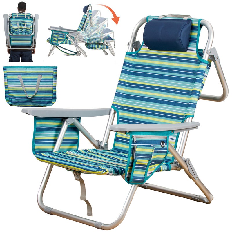 ALPOME Aluminum Backpack Low Profile Beach Chair - 5-Position Lay Flat Reclining Folding Chair with Removable Cooler Bag - Heavy Duty 330 lbs Capacity, Lightweight Portable Sand Seat - Striped Green - Image 1