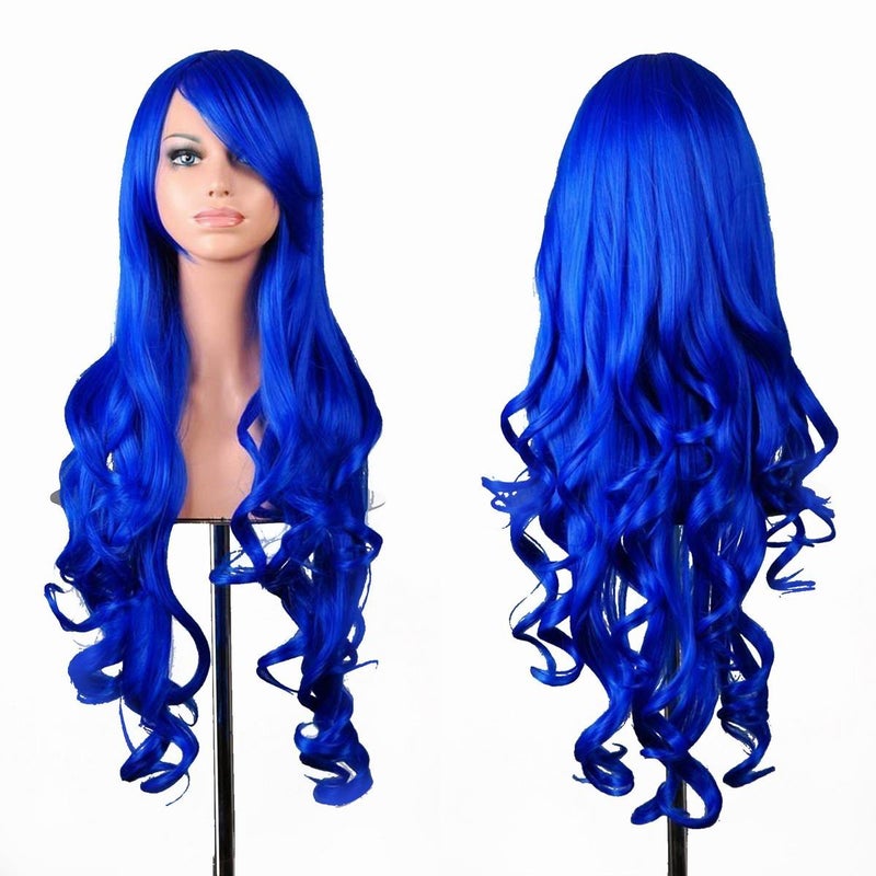 Wigs 32 inch Wavy Curly Cosplay Wig With Wig Cap and Comb Dark Blue