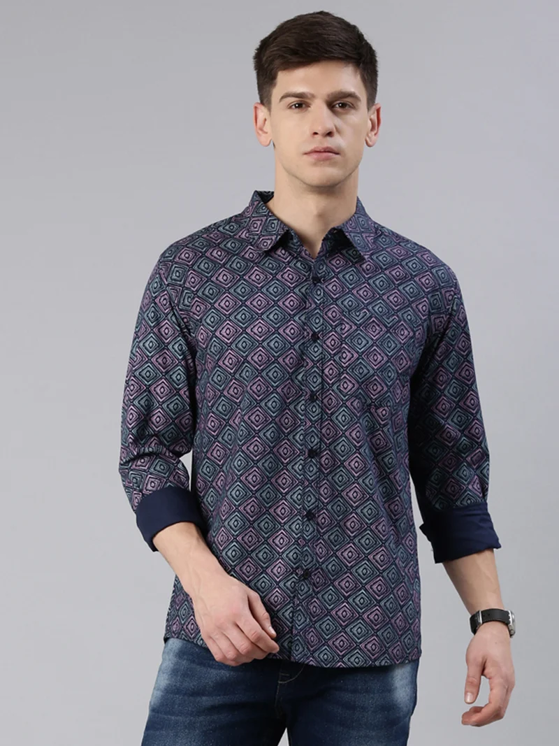 Joven Navy Blue Printed Cotton Casual Shirt for Men