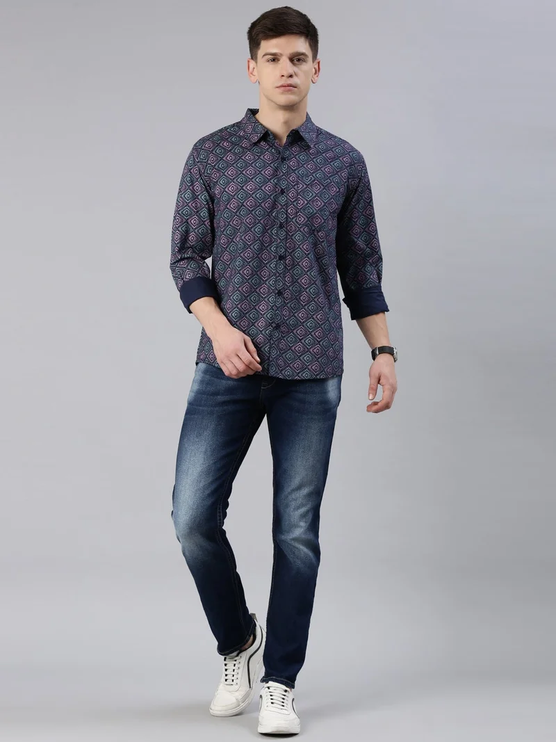 Joven  Navy Blue Printed Cotton Casual Shirt for Men for Men | Best Price UAE