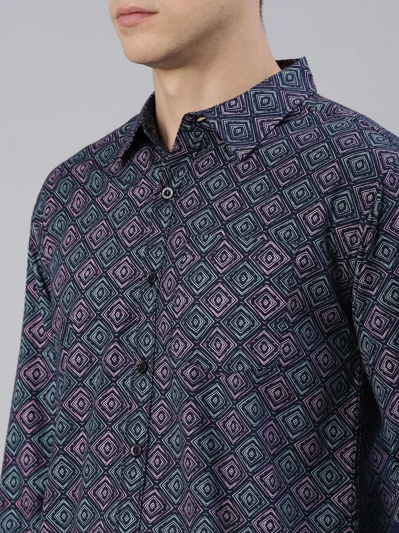 Joven  Navy Blue Printed Cotton Casual Shirt for Men for Men | Best Price UAE