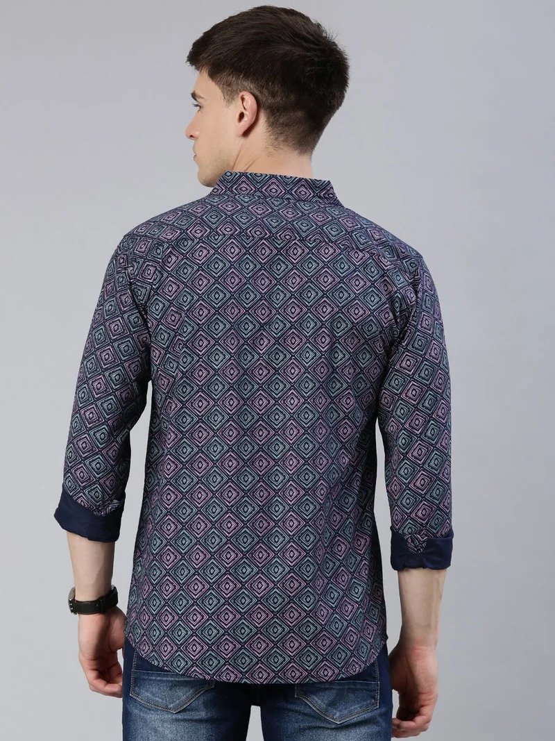 Joven Navy Blue Printed Cotton Casual Shirt for Men