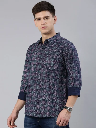 Joven Navy Blue Printed Cotton Casual Shirt for Men