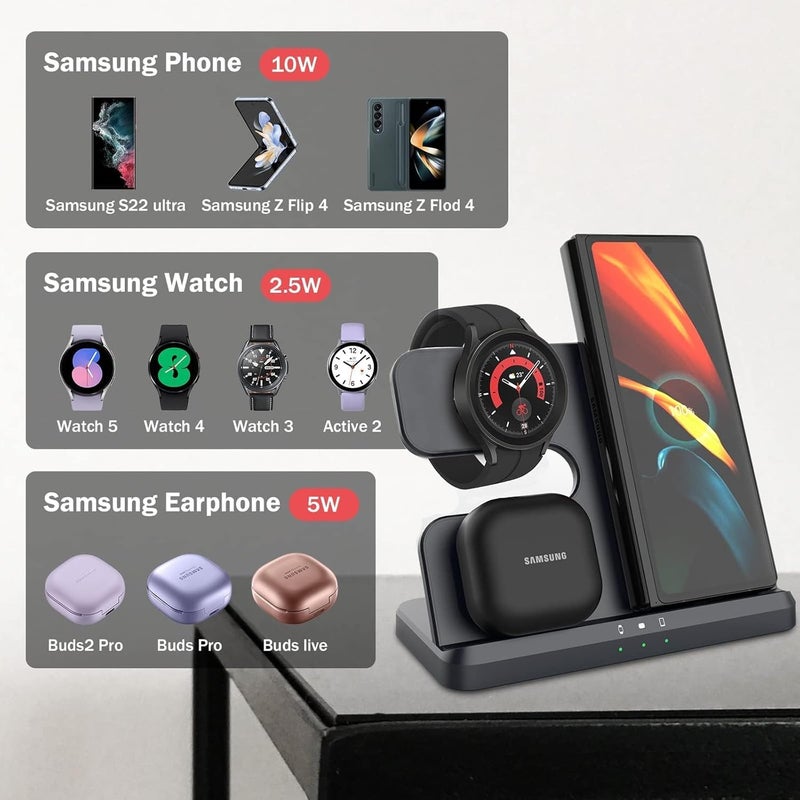 ميكينج تك محطة شحن لاسلكية لسامسونج 3 في 1 شاحن لاسلكي لساعة Galaxy Watch 4/3/Active 2/1 متوافقة مع Samsung S22 Ultra S21 S20 Note20 Z Flip 4/3 Z Fold Galaxy Buds، أسود - Image 3