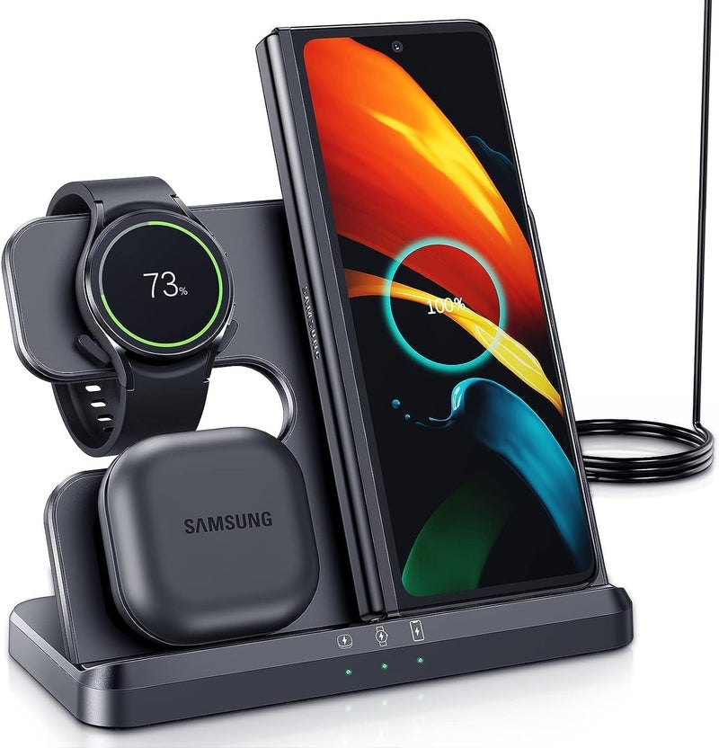 ميكينج تك محطة شحن لاسلكية لسامسونج 3 في 1 شاحن لاسلكي لساعة Galaxy Watch 4/3/Active 2/1 متوافقة مع Samsung S22 Ultra S21 S20 Note20 Z Flip 4/3 Z Fold Galaxy Buds، أسود - Image 1
