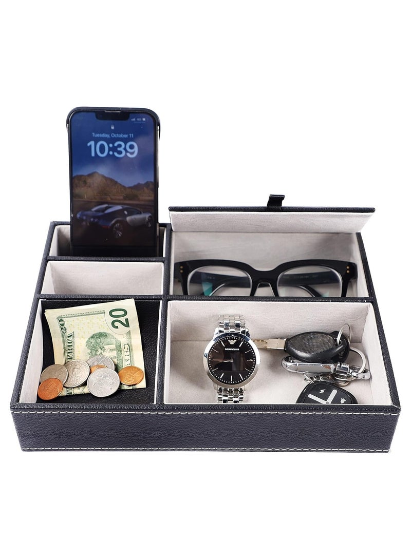 Men's Valet Tray, Jewelry Box Nightstand Organizer with 5 Compartments for Phone Keys Wallet Watch Glasses, For Father's Day Gift, For Men's Gift (1 Pack - Black) - Image 1
