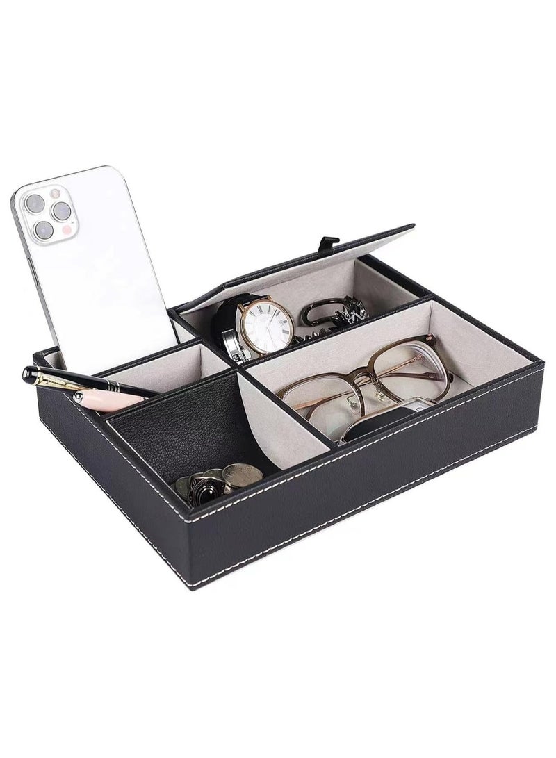 Men's Valet Tray, Jewelry Box Nightstand Organizer with 5 Compartments for Phone Keys Wallet Watch Glasses, For Father's Day Gift, For Men's Gift (1 Pack - Black) - Image 2