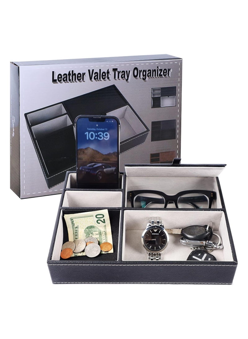 Men's Valet Tray, Jewelry Box Nightstand Organizer with 5 Compartments for Phone Keys Wallet Watch Glasses, For Father's Day Gift, For Men's Gift (1 Pack - Black) - Image 4