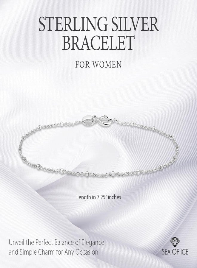 SEA OF ICE Sterling Silver 1mm Diamond-Cut Bead Station Rolo Chain Bracelet for Women, Size 7.25" - Image 2
