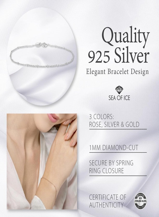 SEA OF ICE Sterling Silver 1mm Diamond-Cut Bead Station Rolo Chain Bracelet for Women, Size 7.25" - Image 5