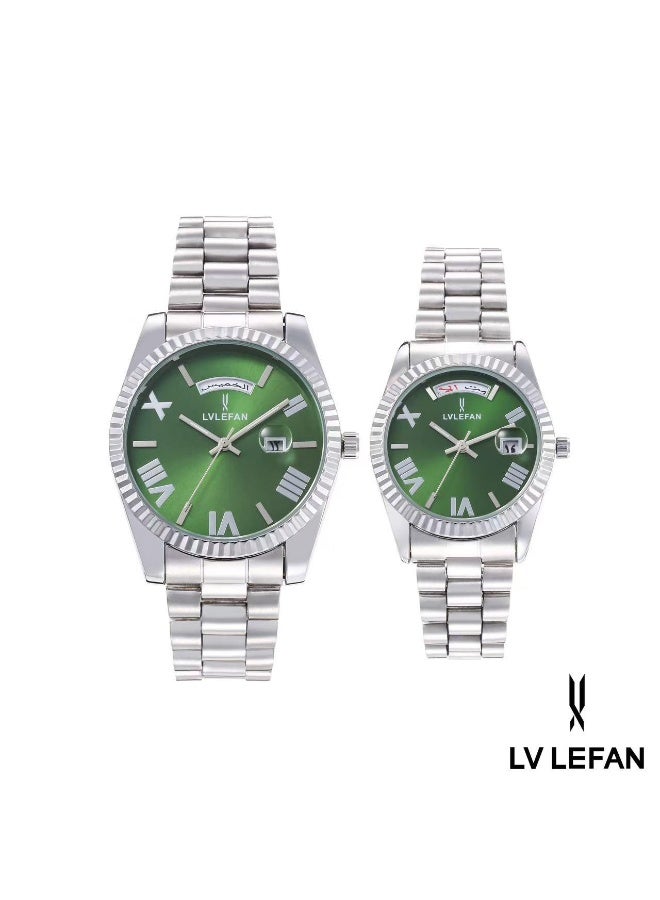 ليفان طقم ساعة يد للزوجين ضد الماء الفولاذ المقاوم للصدأ حزام زوجين الكوارتز ووتش مجموعة، الفاخرة مضيئة للماء التقويم ووتش هدية