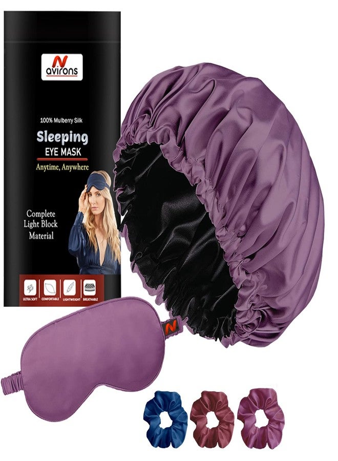 Avirons Satin Silk Hair Bonnet Cap with Sleeping Eye Mask and 3 Piece Scrunchies | Satin Head Cap for Sleeping | Silk Bonnet for Hair | Pure Satin Hair Bonnet Cap with Double Layer - Image 1