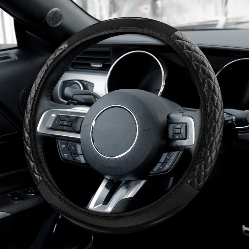 Wogomz Car Steering Wheel Cover Leather Steering Wheel Covers Protector Comfortable Breathable Cars Wheel Cover Fits 15 Inch Universal Interior Car Accessories for Most Vehicles Black - Image 3