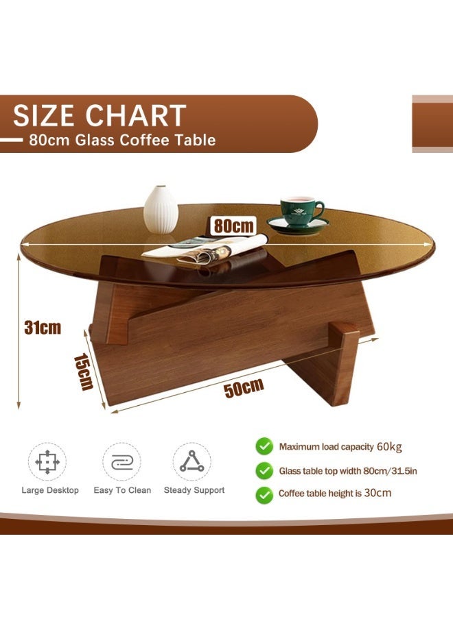 YSOAE Round Coffee Table for Living Room, Modern Glass Coffee Table, Tempered Glass Top, 80x80x31CM, Mid Century Vintage Unique Center Tables with Solid Wood Legs, for Small Spaces, Walnut & Transparent - Image 2