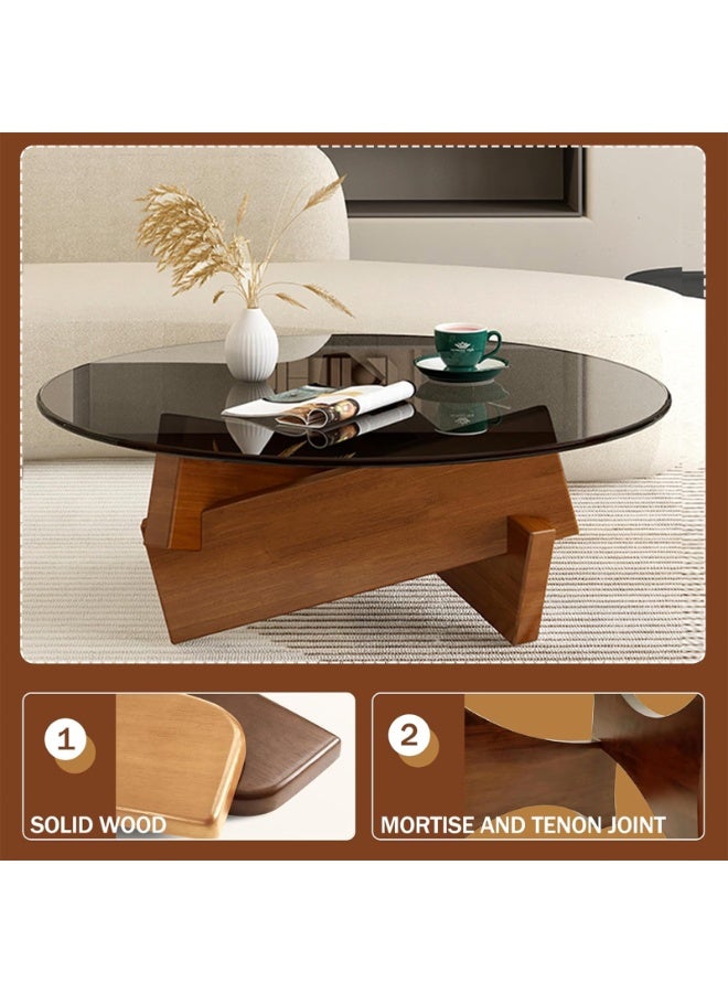 YSOAE Round Coffee Table for Living Room, Modern Glass Coffee Table, Tempered Glass Top, 80x80x31CM, Mid Century Vintage Unique Center Tables with Solid Wood Legs, for Small Spaces, Walnut & Transparent - Image 5
