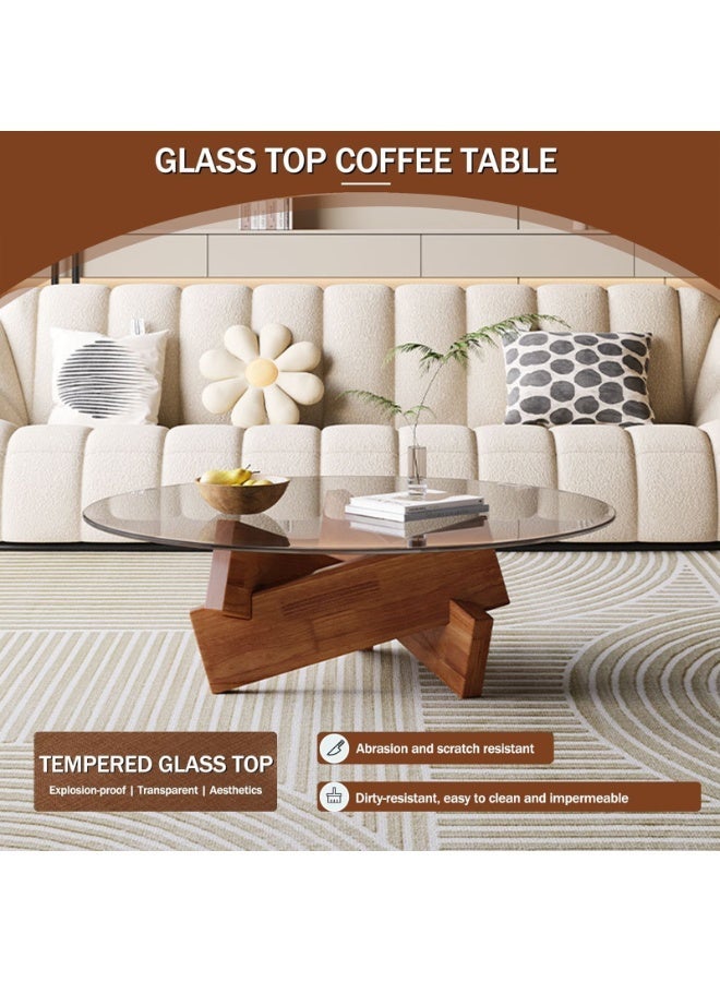 YSOAE Round Coffee Table for Living Room, Modern Glass Coffee Table, Tempered Glass Top, 80x80x31CM, Mid Century Vintage Unique Center Tables with Solid Wood Legs, for Small Spaces, Walnut & Transparent - Image 4
