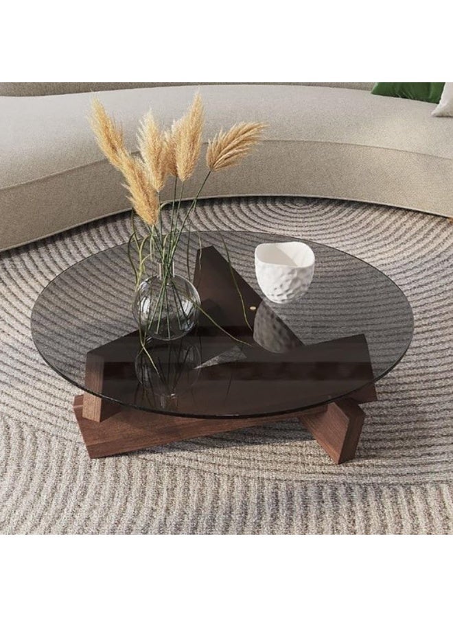 YSOAE Round Coffee Table for Living Room, Modern Glass Coffee Table, Tempered Glass Top, 80x80x31CM, Mid Century Vintage Unique Center Tables with Solid Wood Legs, for Small Spaces, Walnut & Transparent - Image 1
