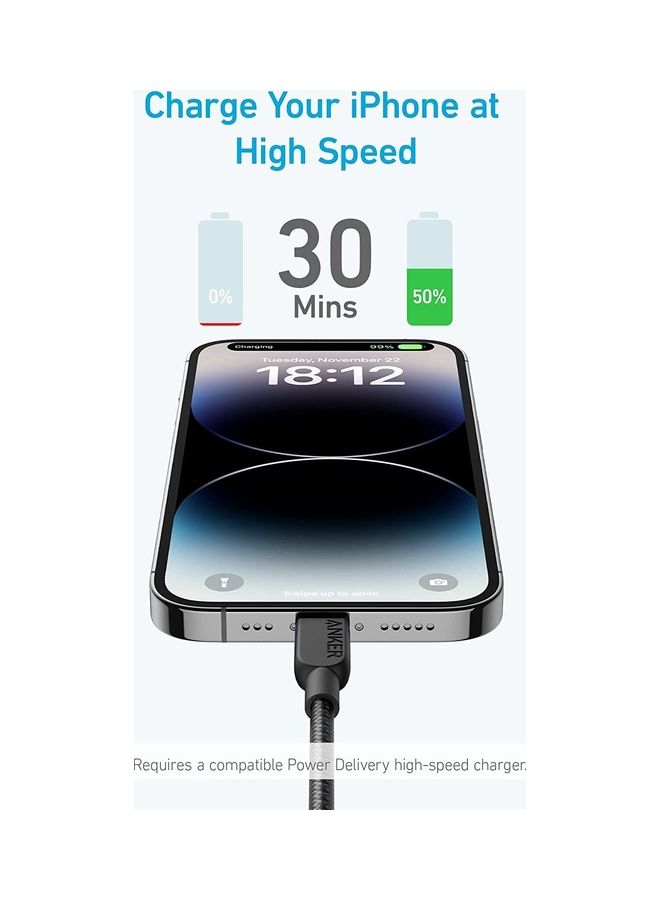 كابل USB C إلى Lightning، كابل 310 USB-C إلى Lightning مضفر (3 أقدام، أسود)، معتمد من MFi، كابل شحن سريع لهاتف iPhone 14 Plus 14 14 Pro Max 13 13 Pro iPhone 12 (الشاحن غير متضمن) - Image 2