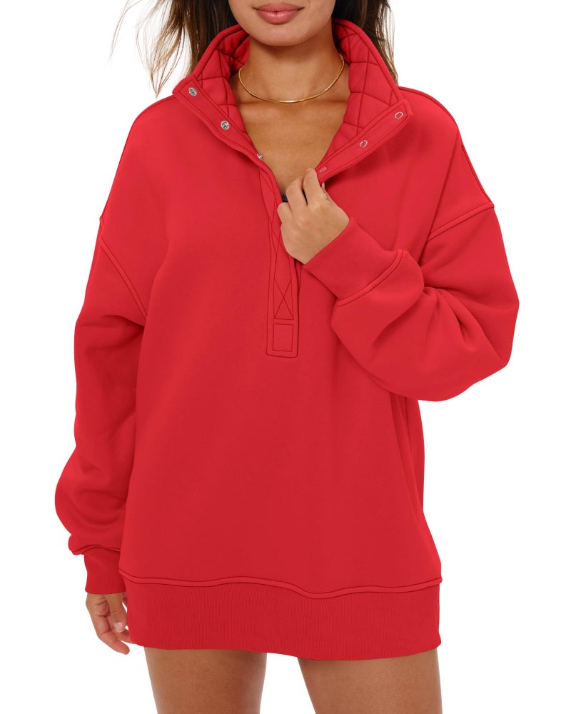 Locachy Women's Henley Neck Button Oversized Sweatshirt Casual Long Sleeve Pullover Tops 2026 Fashion Outfits Clothes Red XXL - Image 1