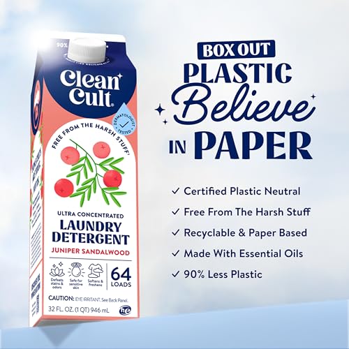 Cleancult Ultra Concentrated Liquid Laundry Detergent Soap, 64 loads (32 oz), Long Lasting Scent, 90% Less Plastic, No Harsh Chemicals, Juniper Sandalwood, Defeats Stains & Odors, HE/Standard Compatible - Image 4