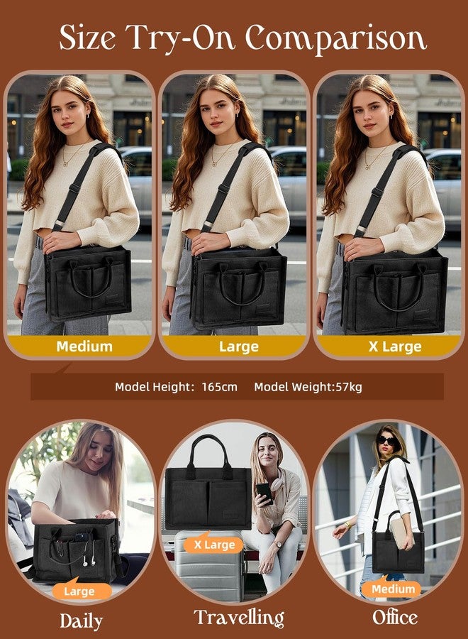 FIORETTO Canvas Tote Bag for Women with Zipper Closure, Individual Compartments, Detachable Strap & Bottom Support, Black, Large, Contemporary - Image 4