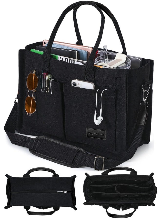 FIORETTO Canvas Tote Bag for Women with Zipper Closure, Individual Compartments, Detachable Strap & Bottom Support, Black, Large, Contemporary - Image 1