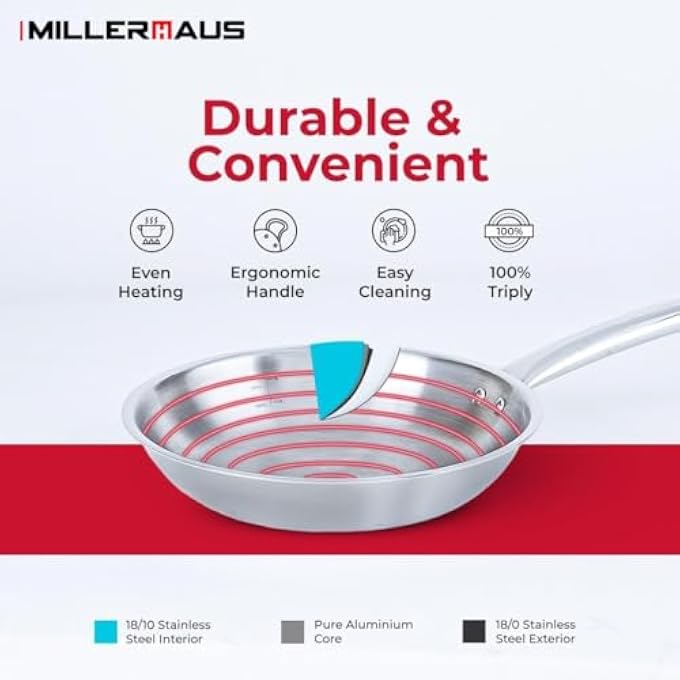 MILLERHAUS TriPlyfrypan 28Cm Stainless Steel 1810 Frying Pan Pfoa Free Dishwasher Safe Skillet Stainless Steel Handle Cookware  Silver - Image 3