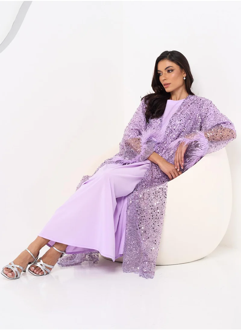 Couturelabs Purple Embellised Feather Abaya with Inner Dress and Sheila