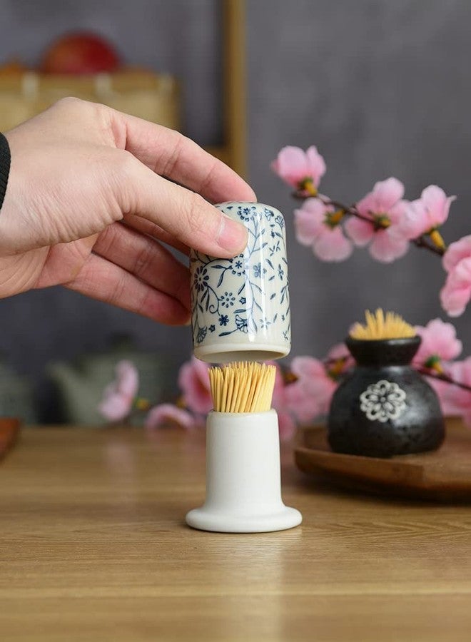 123Arts حامل أعواد أسنان سيراميكي من 123Arts، علبة أعواد أسنان عتيقة الطراز مرسومة يدويًا على شكل زهرة، زينة طاولة - Image 5