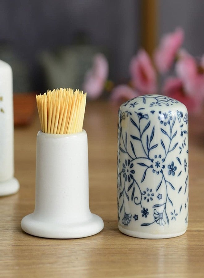 123Arts حامل أعواد أسنان سيراميكي من 123Arts، علبة أعواد أسنان عتيقة الطراز مرسومة يدويًا على شكل زهرة، زينة طاولة - Image 3