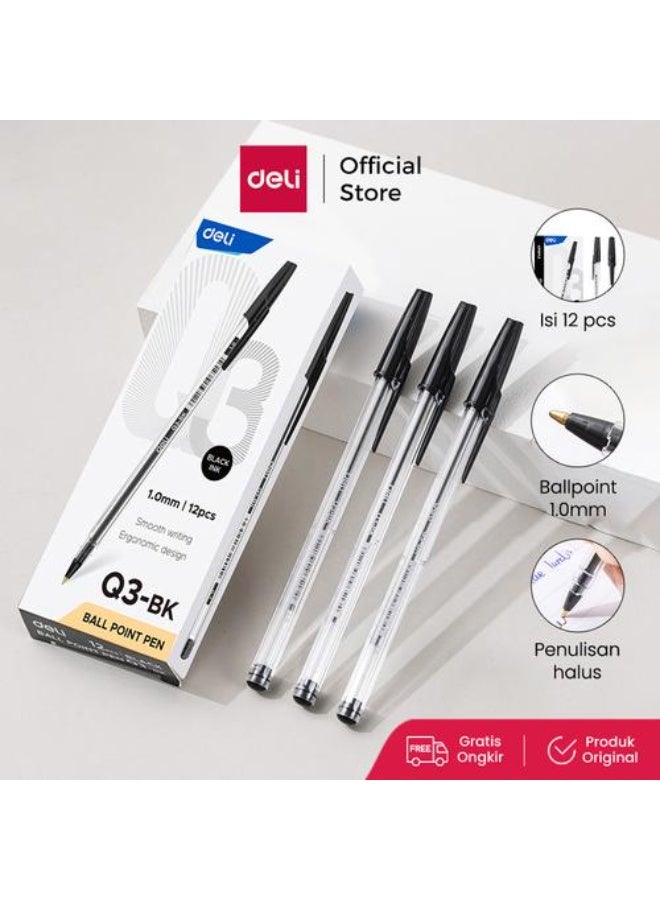 deli Q3-BL Ball Pen Pen 1mm Tip BLACK (2 Pack) - Image 3