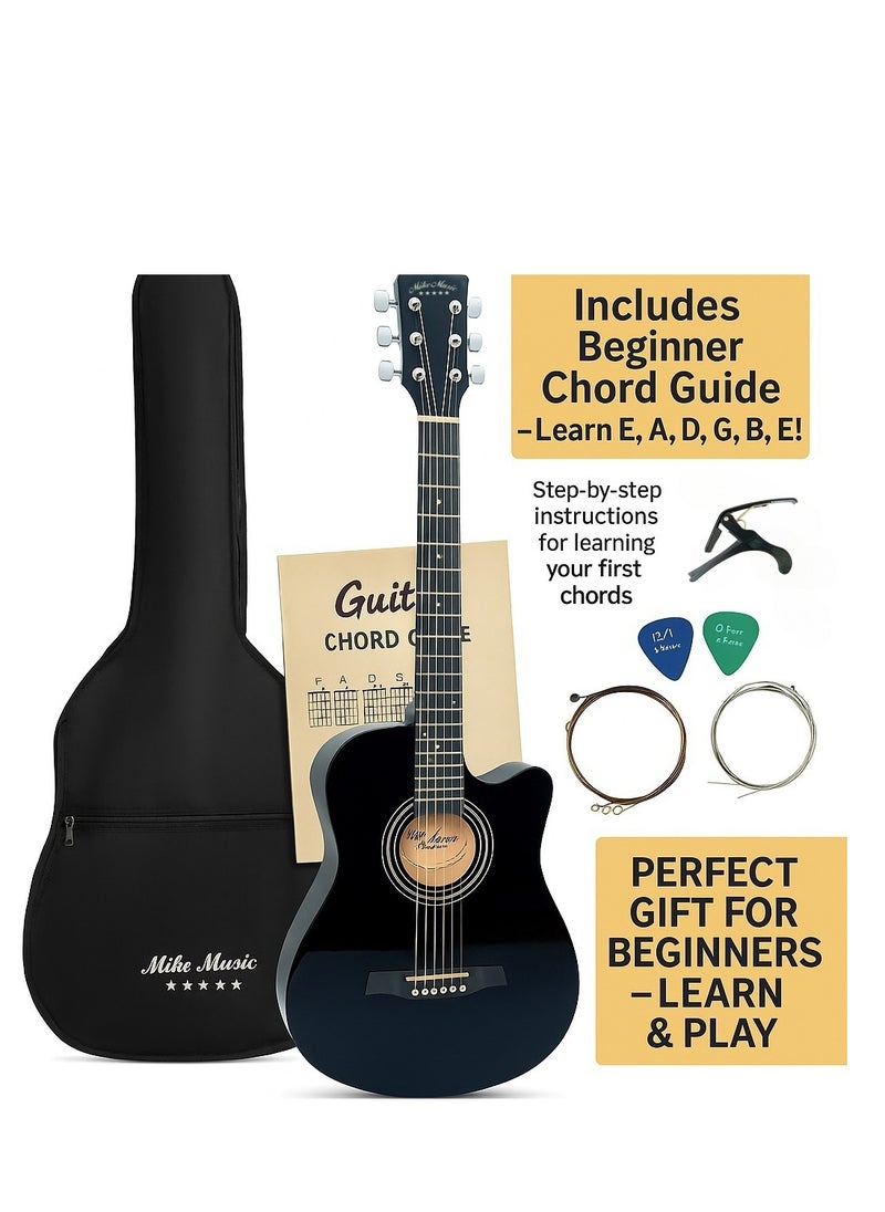 Mike Music Mike Music 38-Inch Acoustic Guitar Kit for Beginners – Black Cutaway | Gig Bag, Capo, Picks, Strings & Chord Guide Book | Learn to Play Easily  - Image 2