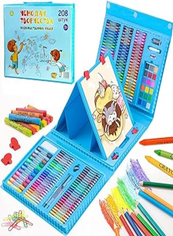 Swift SWIFT 176 Pieces Double Sided Trifold Easel Art Set Portable Art Supplies Drawing Set Box With Oil Pastels Crayons Colored Pencils Markers Paint Brush Sketch Pad For Kids Gift (Blue)