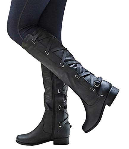 Coutgo Womens Lace Up Knee High Boots Motorcycle Riding Flat Low Heels Strappy Winter Combat Boots - Image 3