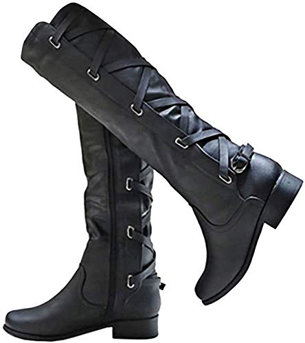 Coutgo Womens Lace Up Knee High Boots Motorcycle Riding Flat Low Heels Strappy Winter Combat Boots - Image 1