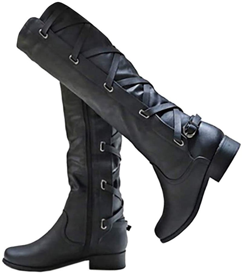 Coutgo Womens Lace Up Knee High Boots Motorcycle Riding Flat Low Heels Strappy Winter Combat Boots - Image 2