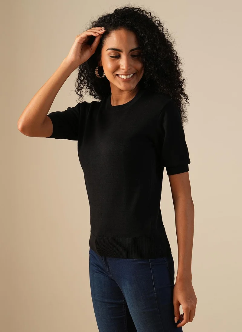 globus Globus Women Round Neck Puff Sleeves Solid Knitted Ribbed Hem Pullover Sweater