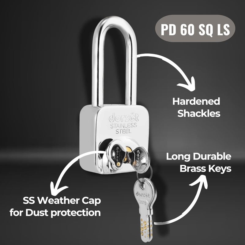 Dorset Long Shackle Padlock for Home | 60 mm Square Padlock with 3 Keys - Rust-Resistant SS Body, Hardened Shackle, Weatherproof Cap, Secure Dimple Key Technology | PD 60 SQ LS - Image 2
