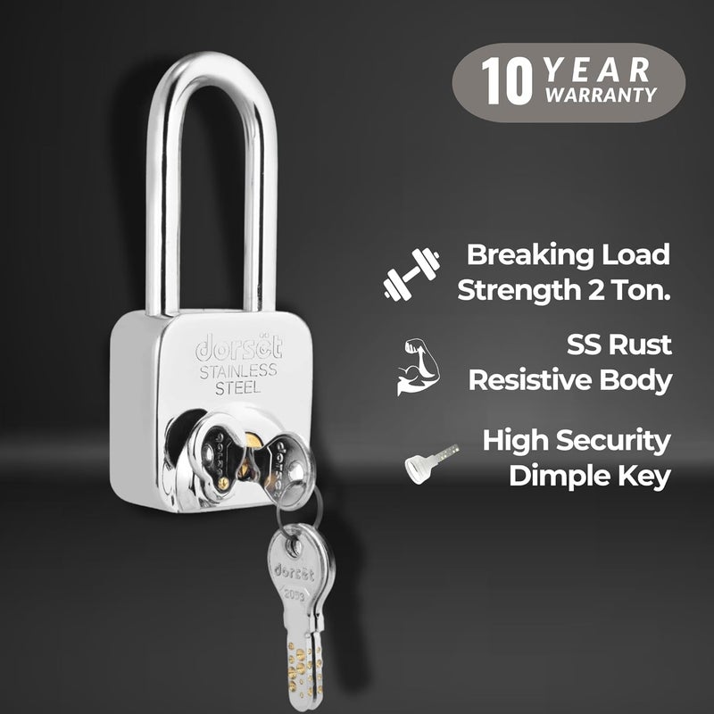 Dorset Long Shackle Padlock for Home | 60 mm Square Padlock with 3 Keys - Rust-Resistant SS Body, Hardened Shackle, Weatherproof Cap, Secure Dimple Key Technology | PD 60 SQ LS - Image 3