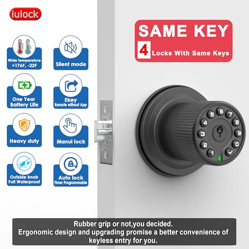 iulock Smart Door Knob with Keypad and Key,Keyless Entry Door Lock with Rubber Grip, Auto Lock,50 User Code,Waterproof, Easy to Install and Program for Bedroom (Matte Black Same Key 4 Pack) - Image 3
