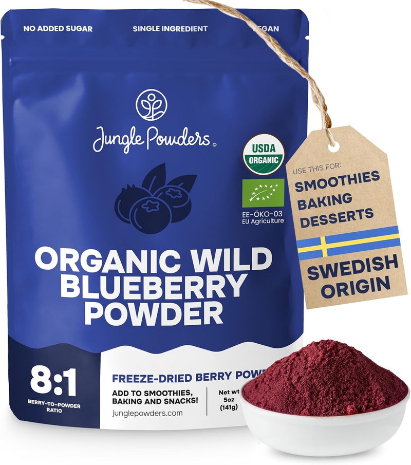Jungle Powders Organic Wild Blueberry Powder - 5 Ounce Bag, USDA Certified, Antioxidant-Rich Freeze-Dried Blueberry Extract for Smoothies and Baking - Image 1