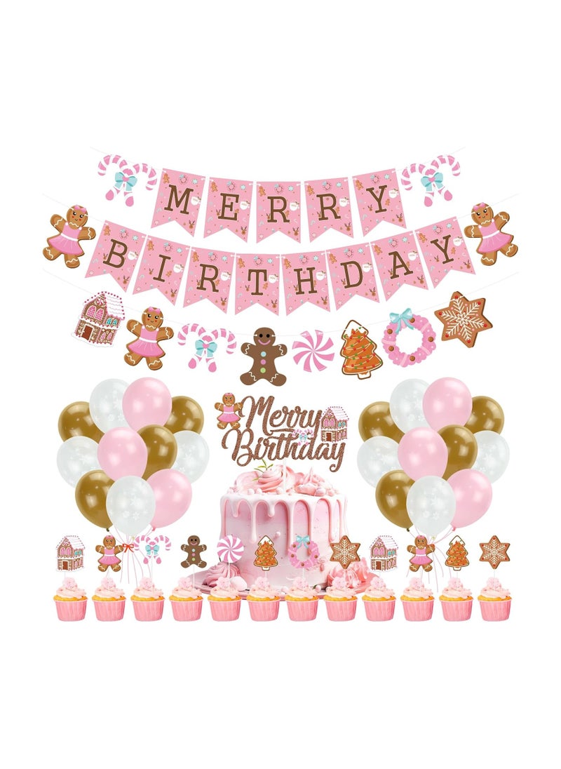 K KUMEED - K KUMEED Pink Gingerbread Man Decorations,Christmas Merry Birthday Banner Cute Candy House Cake Topper Latex Balloons for Boys Girls Merry Birthday Birthday Party Supplies Baby Shower - Image 1