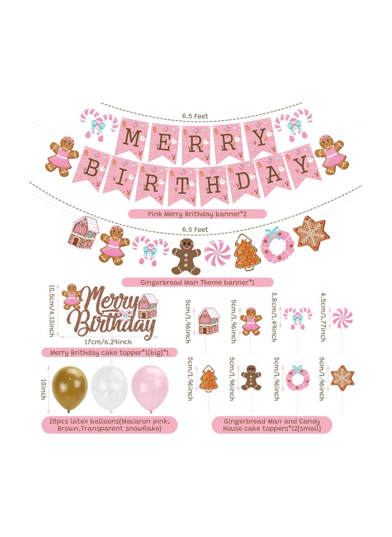 K KUMEED - K KUMEED Pink Gingerbread Man Decorations,Christmas Merry Birthday Banner Cute Candy House Cake Topper Latex Balloons for Boys Girls Merry Birthday Birthday Party Supplies Baby Shower - Image 1