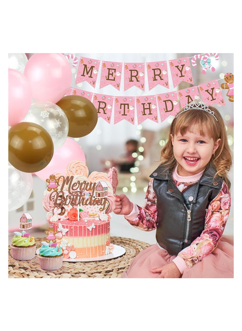 K KUMEED - K KUMEED Pink Gingerbread Man Decorations,Christmas Merry Birthday Banner Cute Candy House Cake Topper Latex Balloons for Boys Girls Merry Birthday Birthday Party Supplies Baby Shower - Image 1