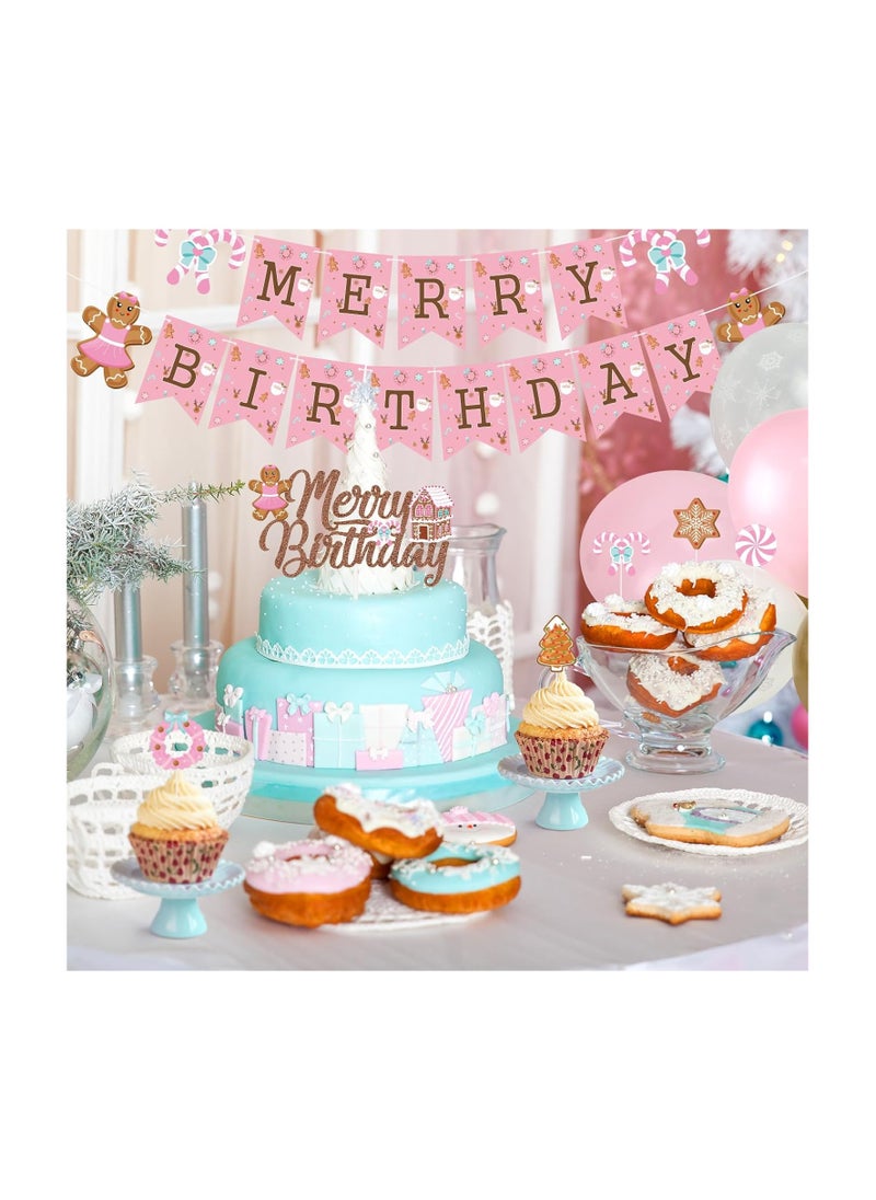 K KUMEED - K KUMEED Pink Gingerbread Man Decorations,Christmas Merry Birthday Banner Cute Candy House Cake Topper Latex Balloons for Boys Girls Merry Birthday Birthday Party Supplies Baby Shower - Image 1