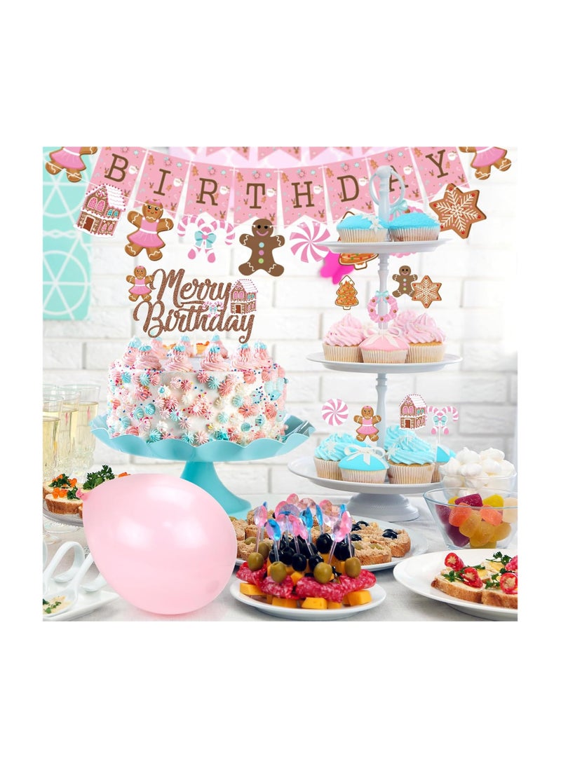 K KUMEED - K KUMEED Pink Gingerbread Man Decorations,Christmas Merry Birthday Banner Cute Candy House Cake Topper Latex Balloons for Boys Girls Merry Birthday Birthday Party Supplies Baby Shower - Image 1