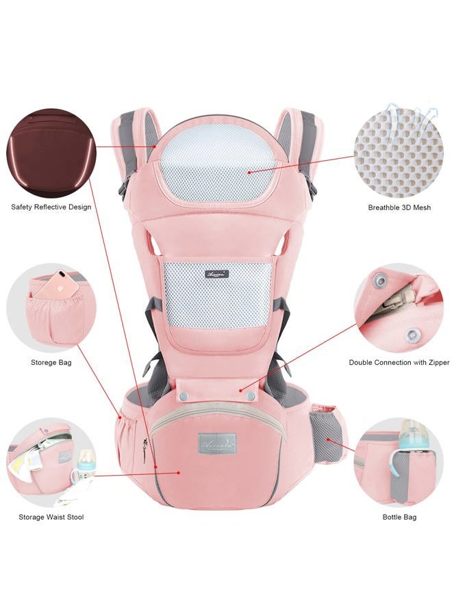 Ocanoiy Baby Carrier Newborn to Toddler Baby Wrap Carrier with Hip Seat Lumbar Support Adjustable One Size Fits All Toddler Infant Baby Holder Carrier 360 All Seasons (Pink) - Image 2